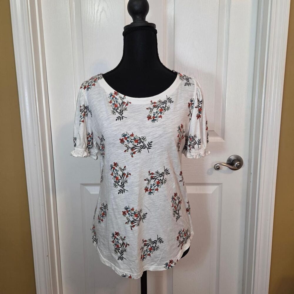 LOFT OUTLET White Floral Puff Sleeve Scoop Neck Cotton Top Women's Size Small